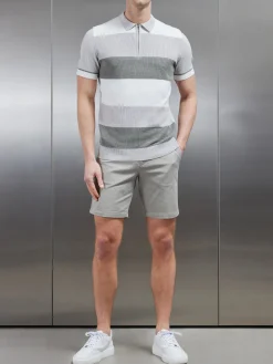 Colour Block Knitted Zip Polo Shirt - Sage