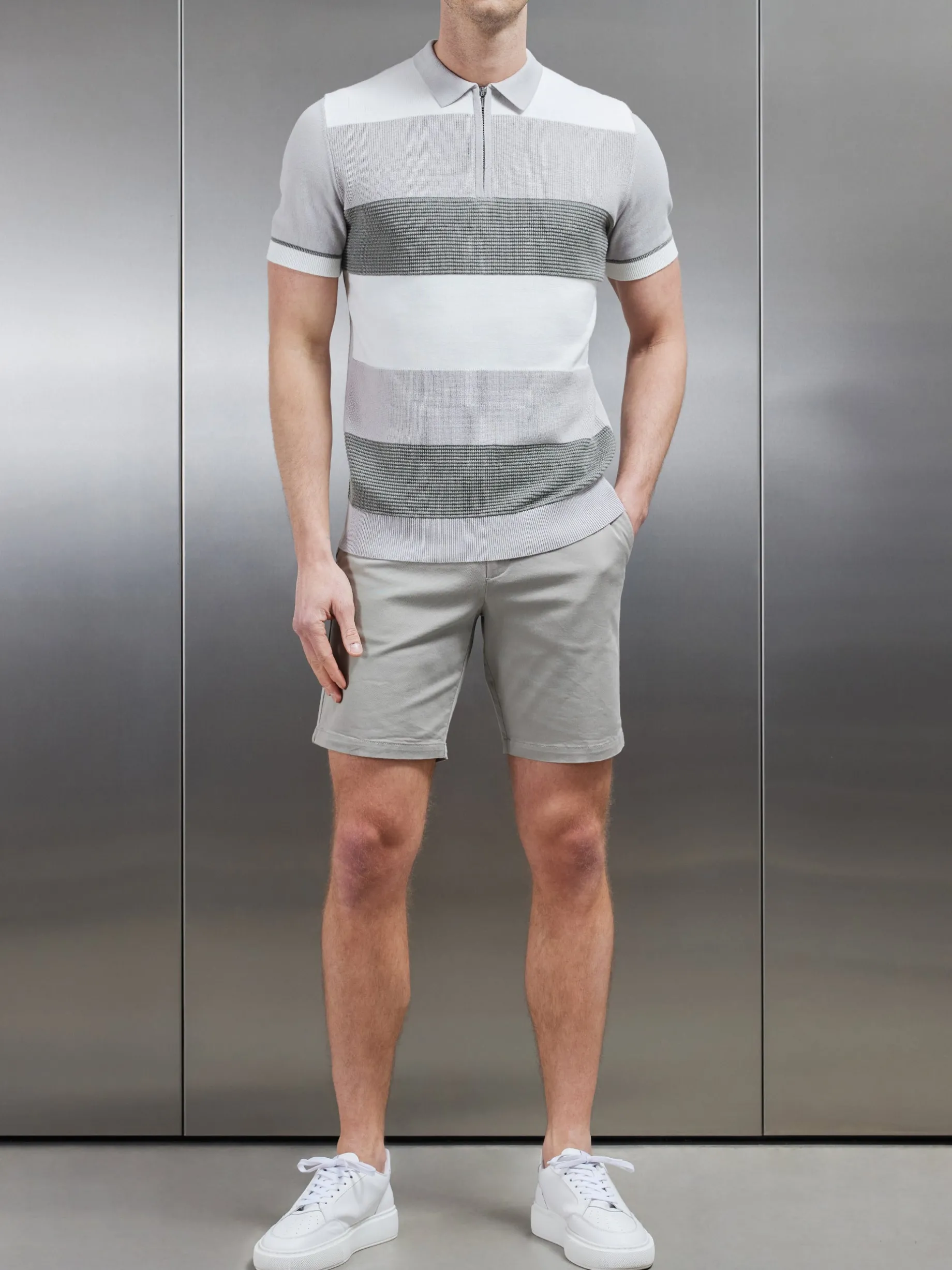 Colour Block Knitted Zip Polo Shirt - Sage