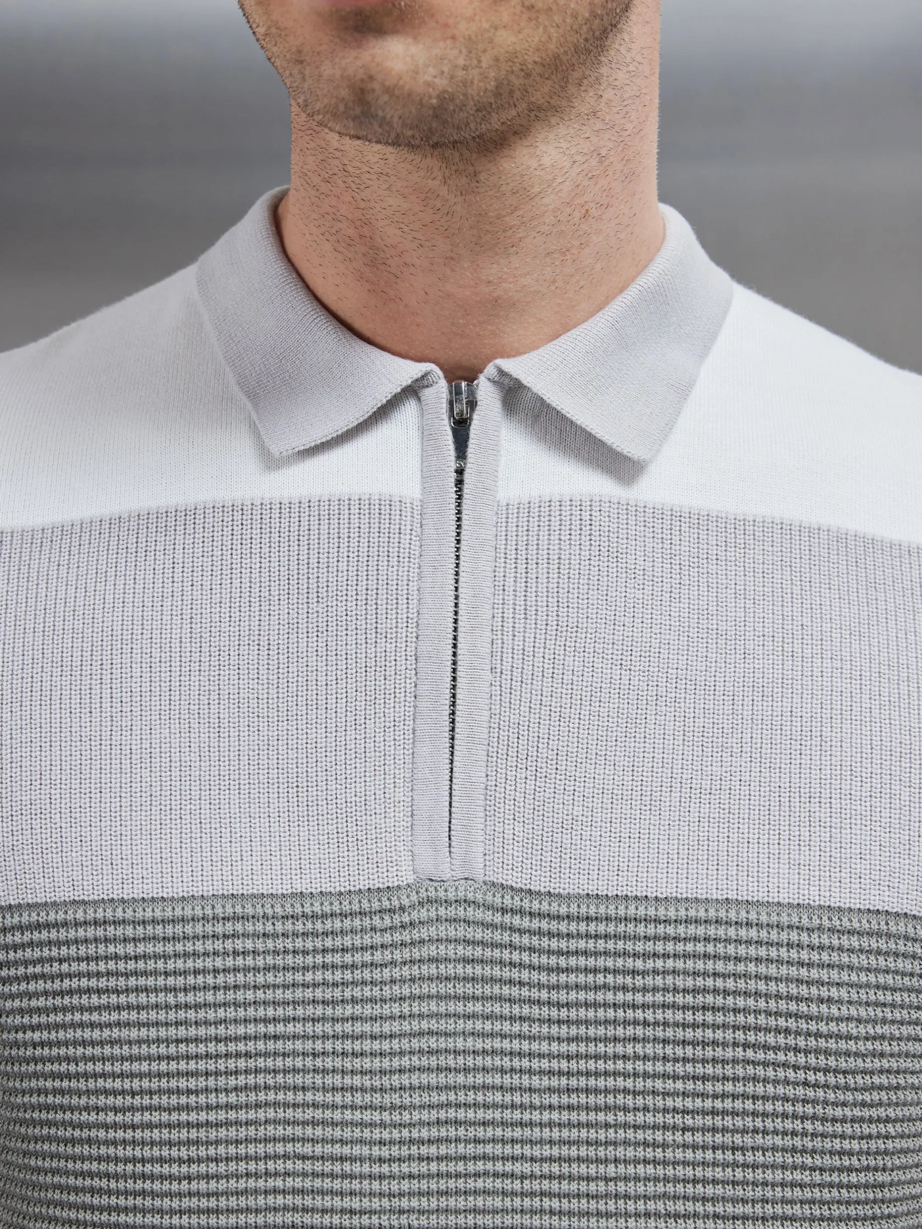 Colour Block Knitted Zip Polo Shirt - Sage