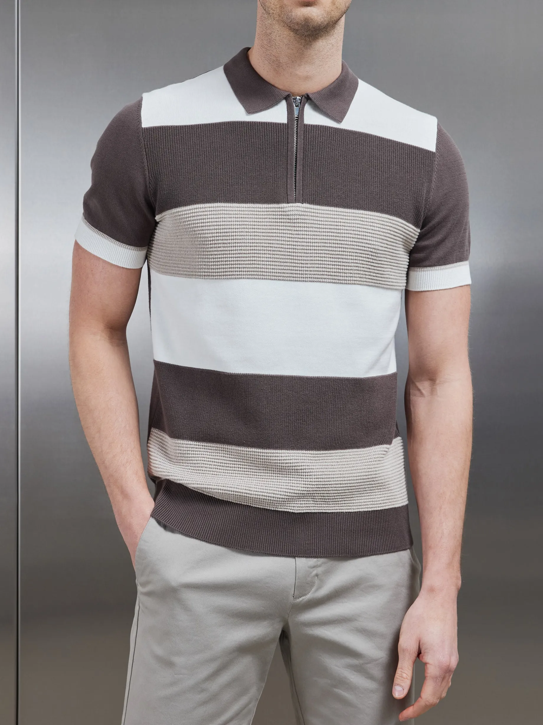 Colour Block Knitted Zip Polo Shirt - Taupe