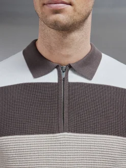 Colour Block Knitted Zip Polo Shirt - Taupe