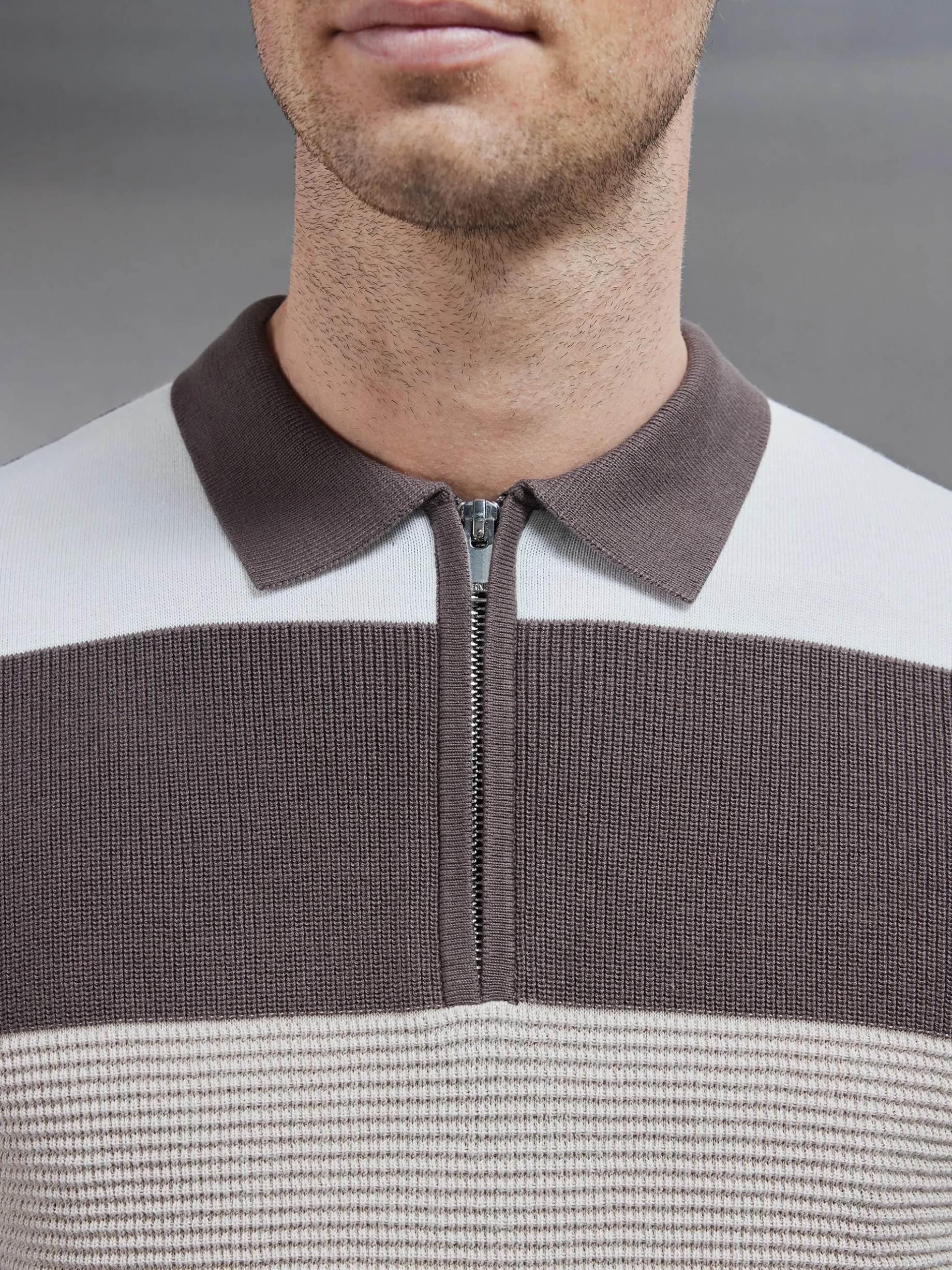 Colour Block Knitted Zip Polo Shirt - Taupe