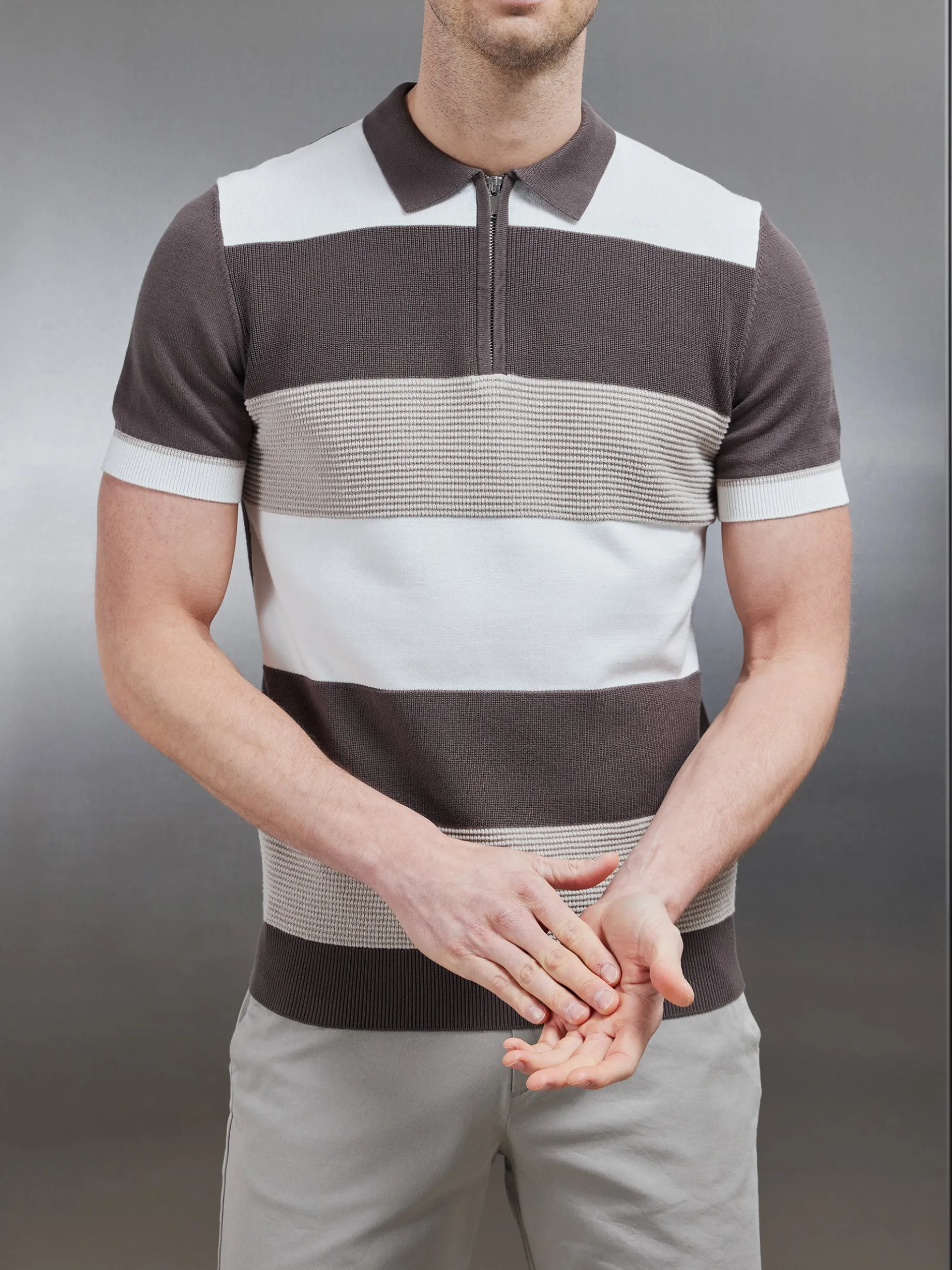 Colour Block Knitted Zip Polo Shirt - Taupe