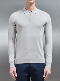 Cotton & Silk Long Sleeve Zip Polo Shirt - Stone