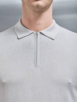 Cotton & Silk Long Sleeve Zip Polo Shirt - Stone