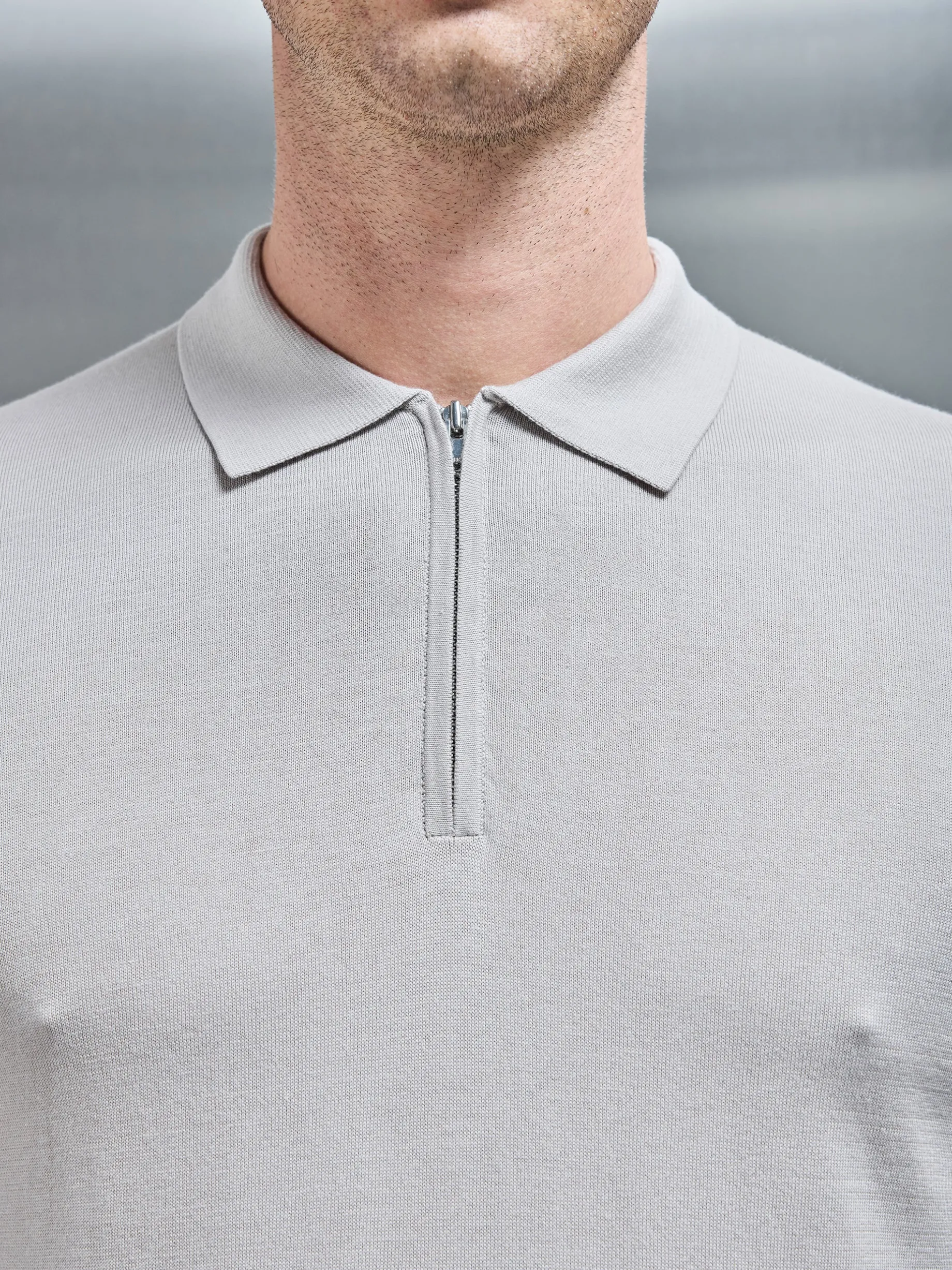 Cotton & Silk Long Sleeve Zip Polo Shirt - Stone