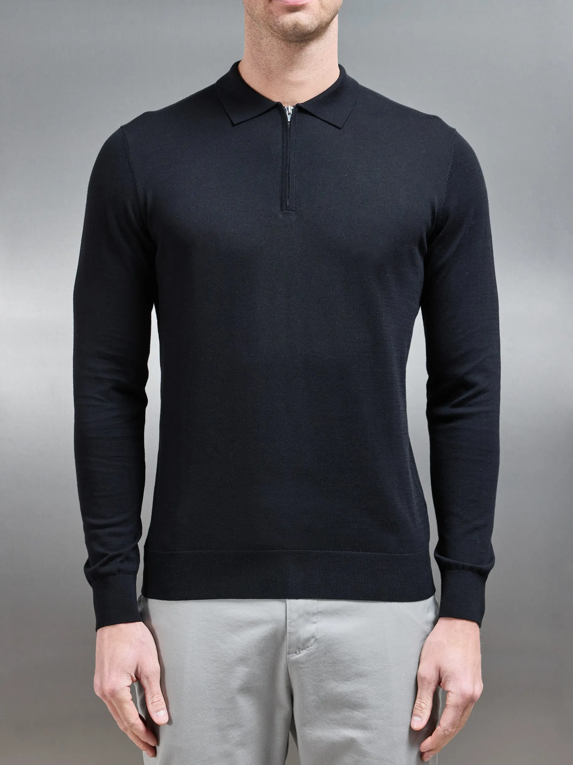 Cotton & Silk Long Sleeve Zip Polo Shirt - Black
