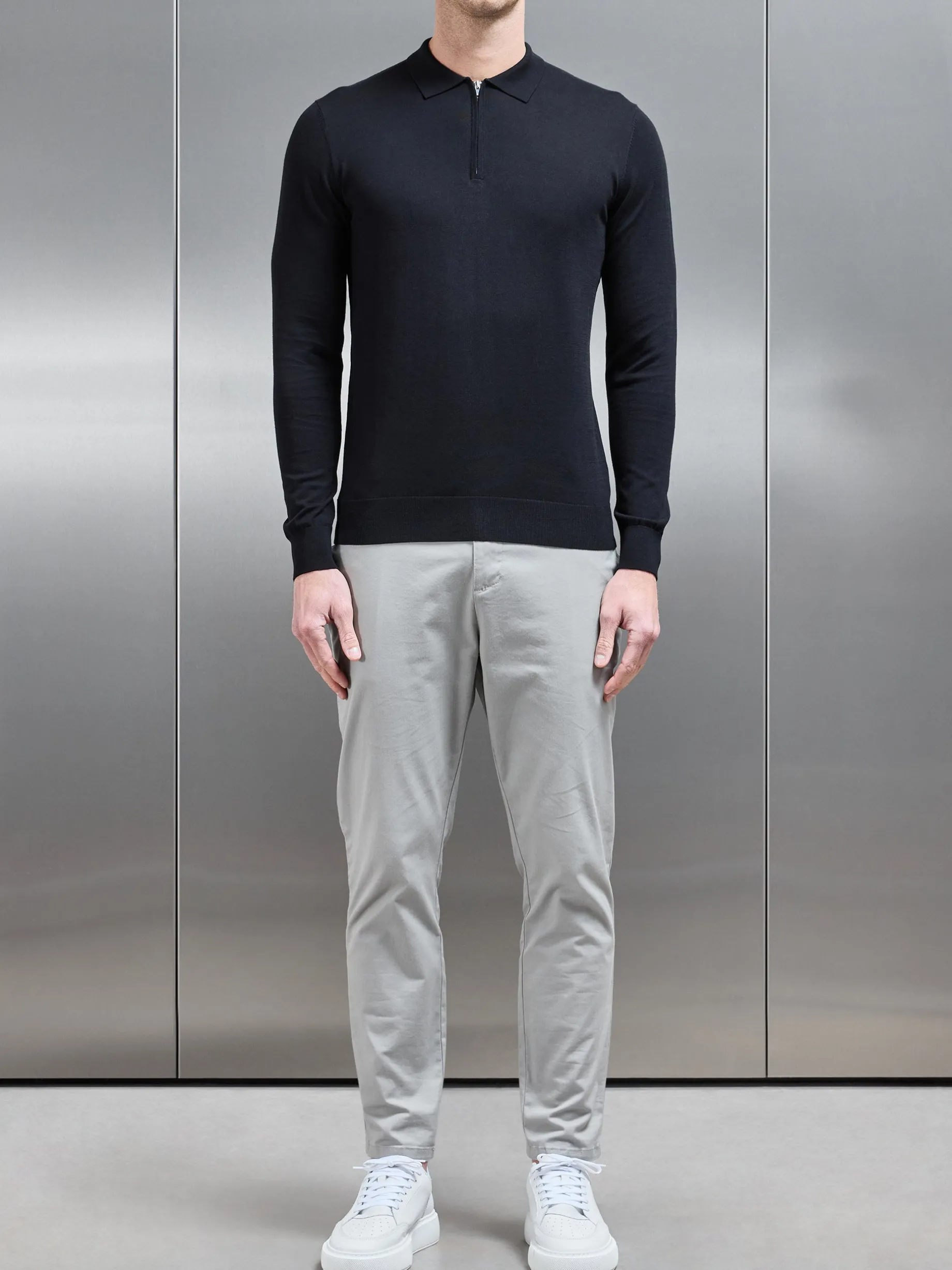 Cotton & Silk Long Sleeve Zip Polo Shirt - Black