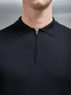 Cotton & Silk Long Sleeve Zip Polo Shirt - Black