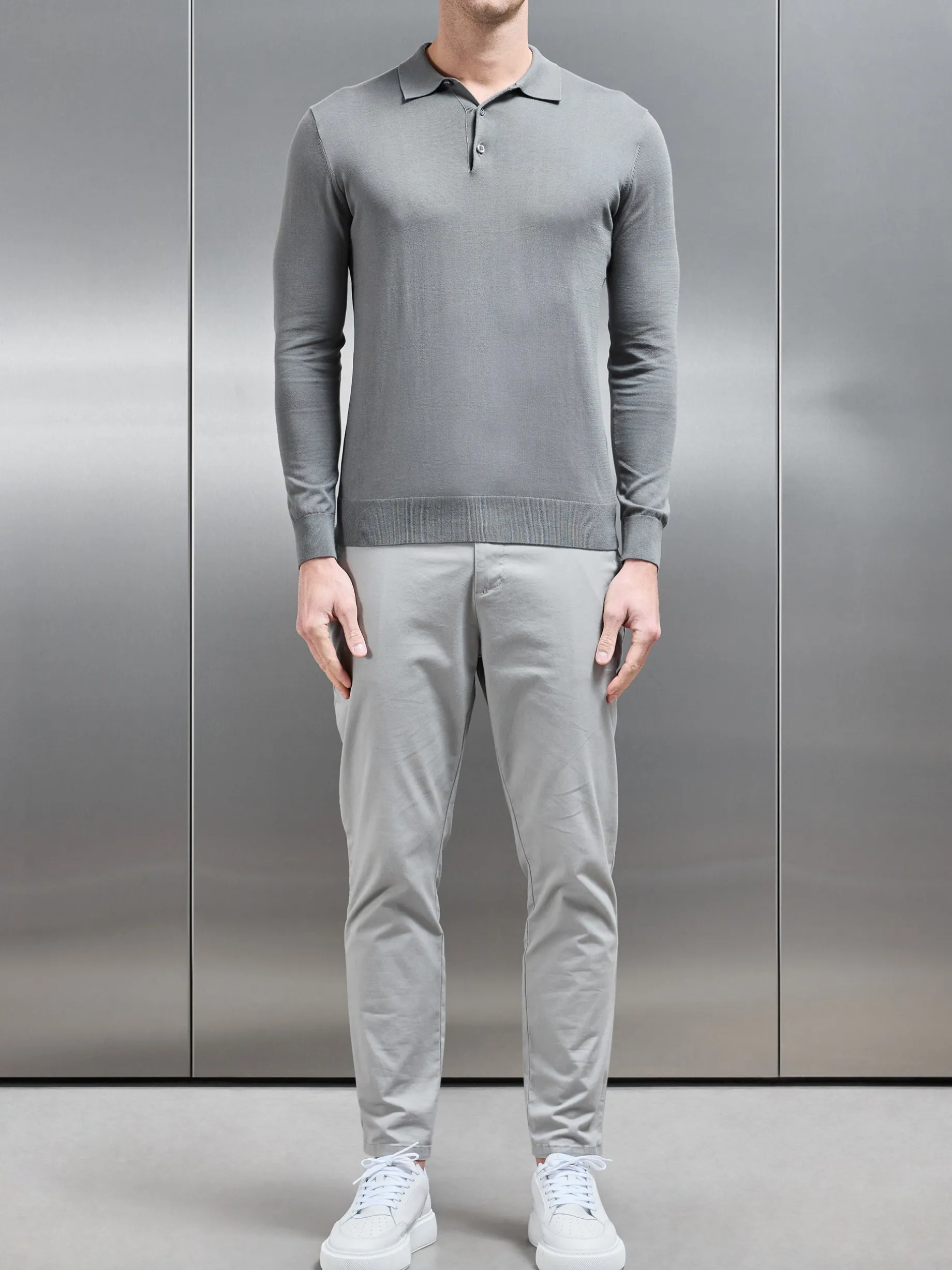 Cotton & Silk Long Sleeve Button Polo Shirt - Sage