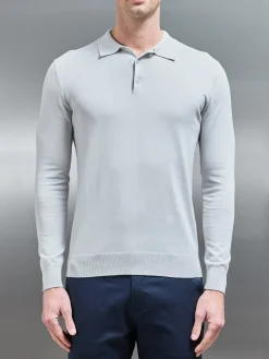 Cotton & Silk Long Sleeve Button Polo Shirt - Mid Grey