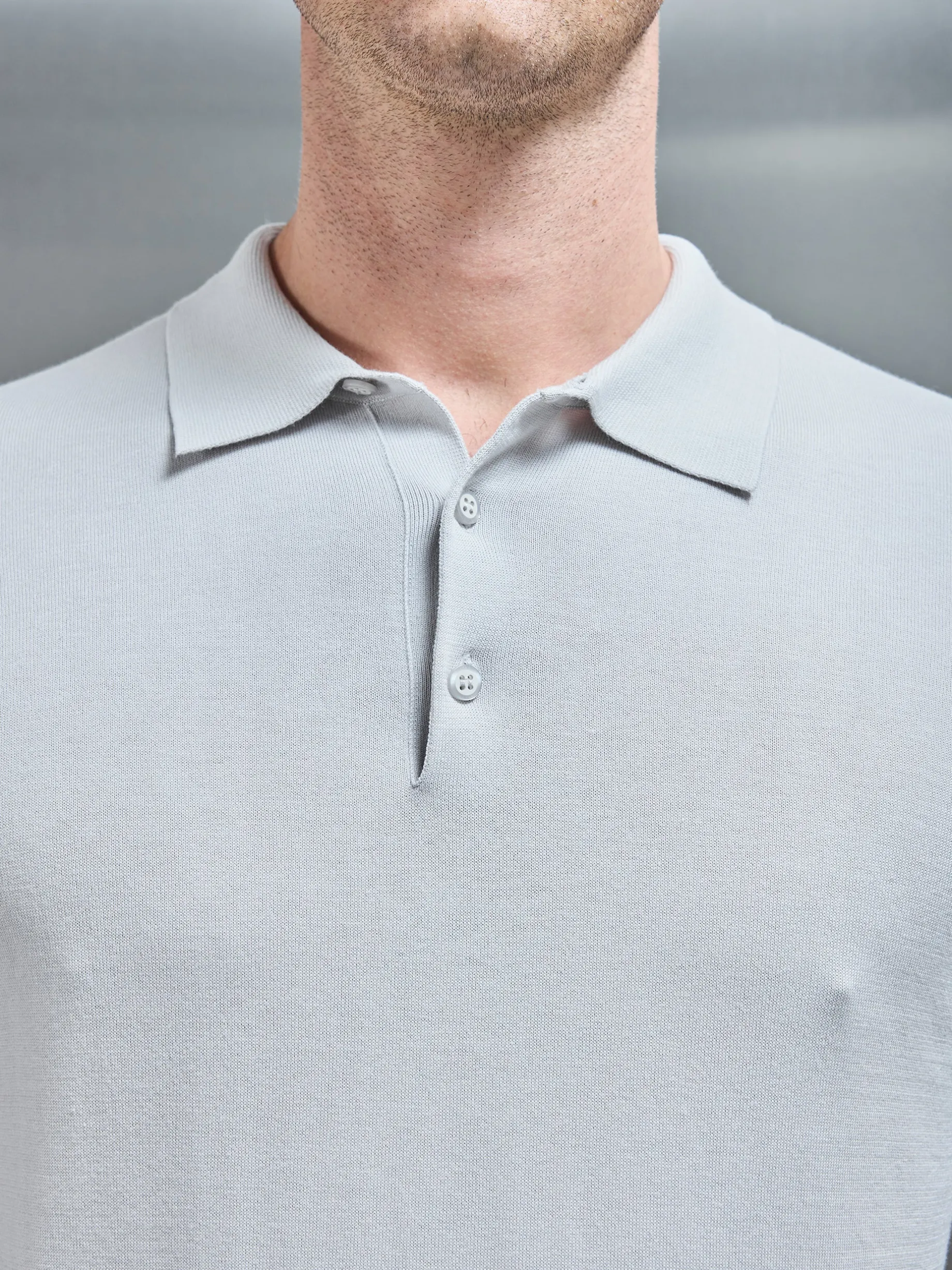 Cotton & Silk Long Sleeve Button Polo Shirt - Mid Grey