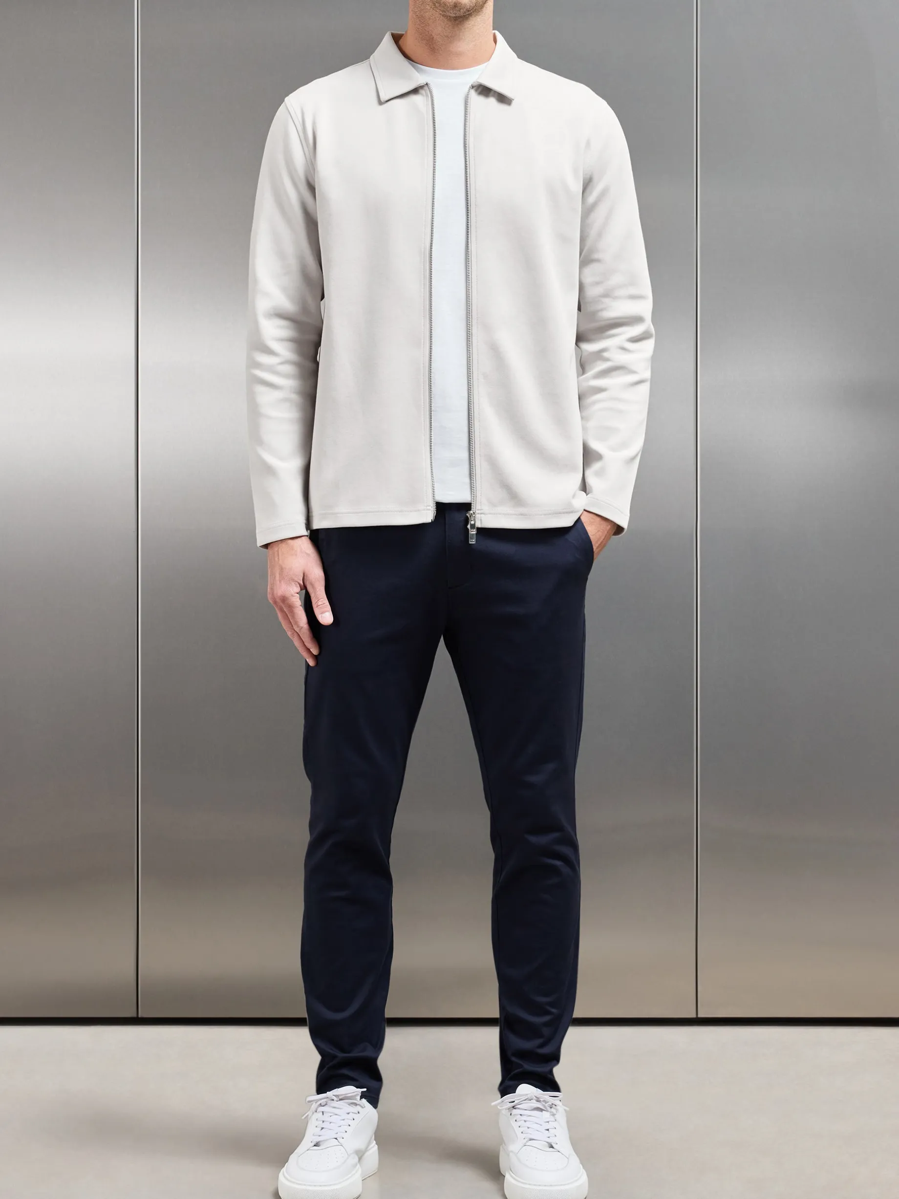 Cotton Jersey Zip Through Overshirt - Mid Grey