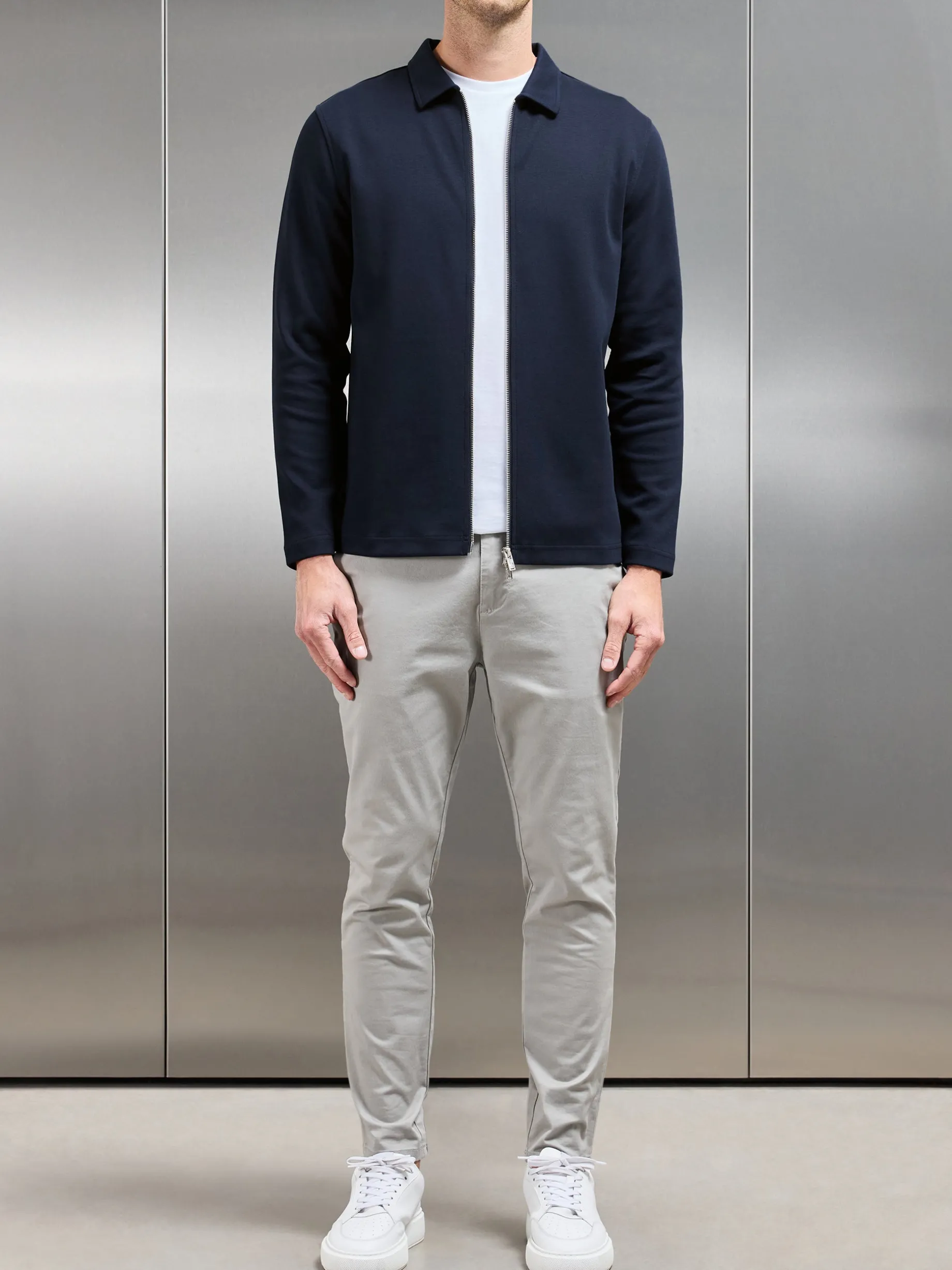 Cotton Jersey Zip Through Overshirt - Navy