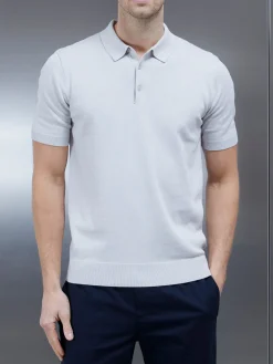 Cotton Knitted Button Polo Shirt - Mid Grey