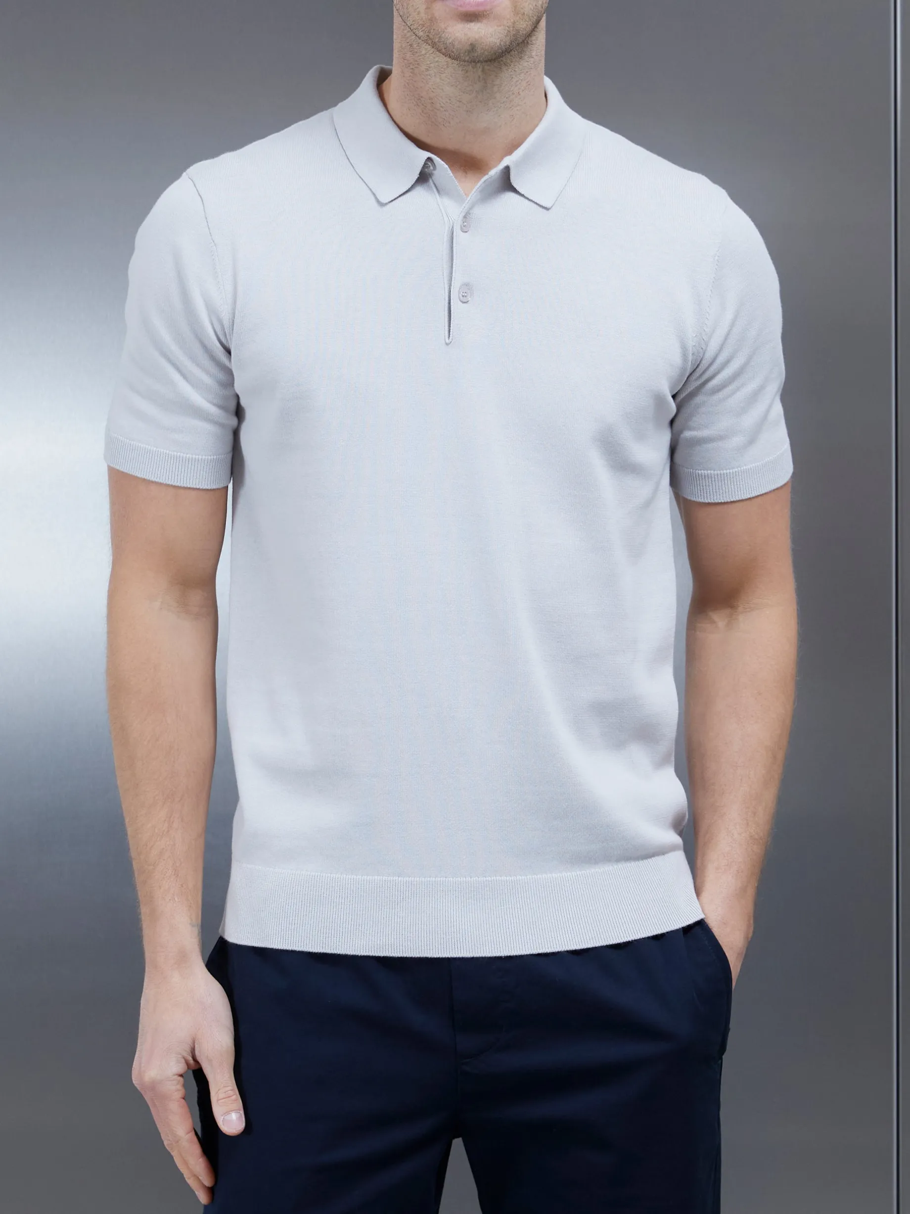 Cotton Knitted Button Polo Shirt - Mid Grey