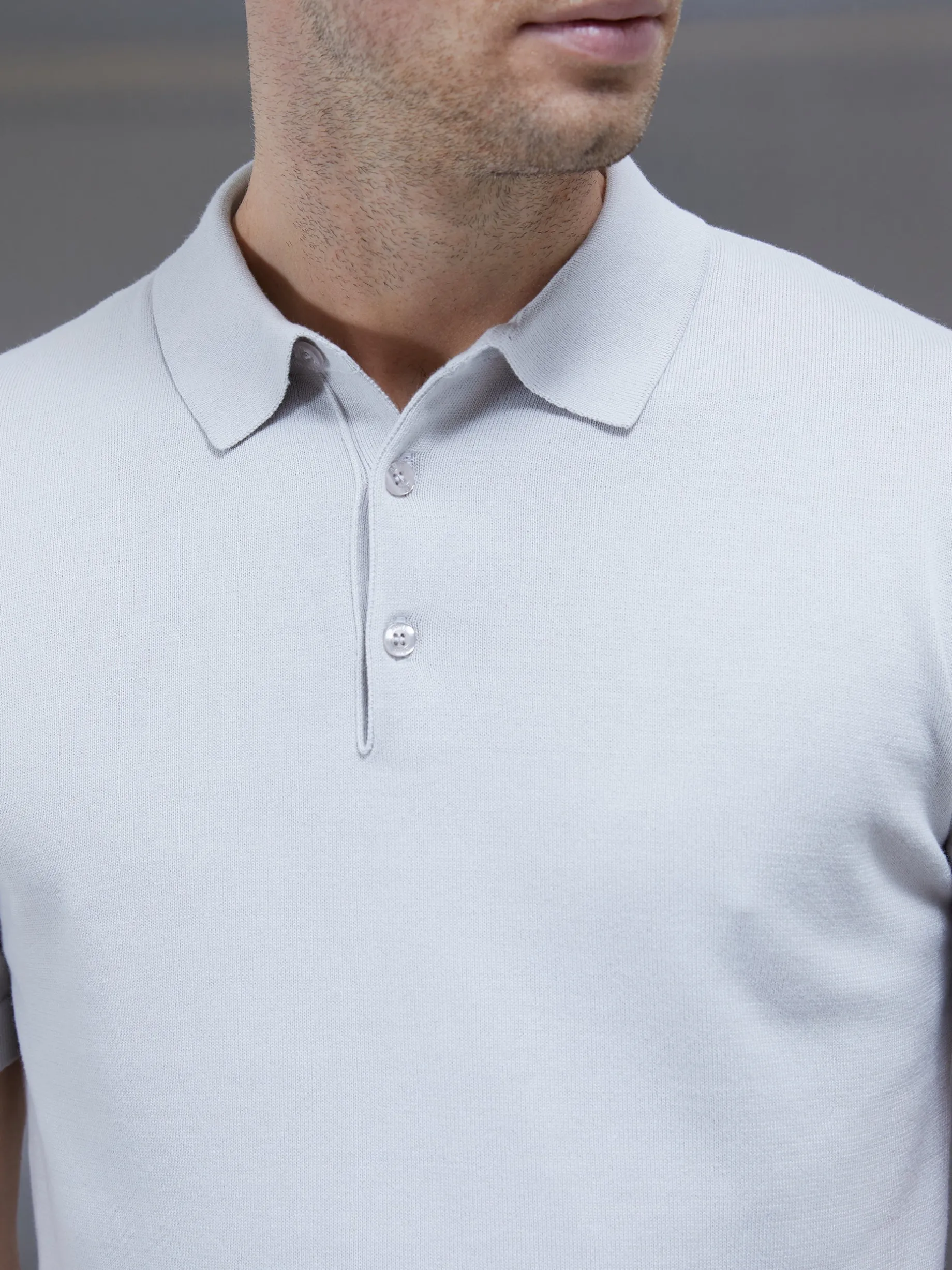 Cotton Knitted Button Polo Shirt - Mid Grey