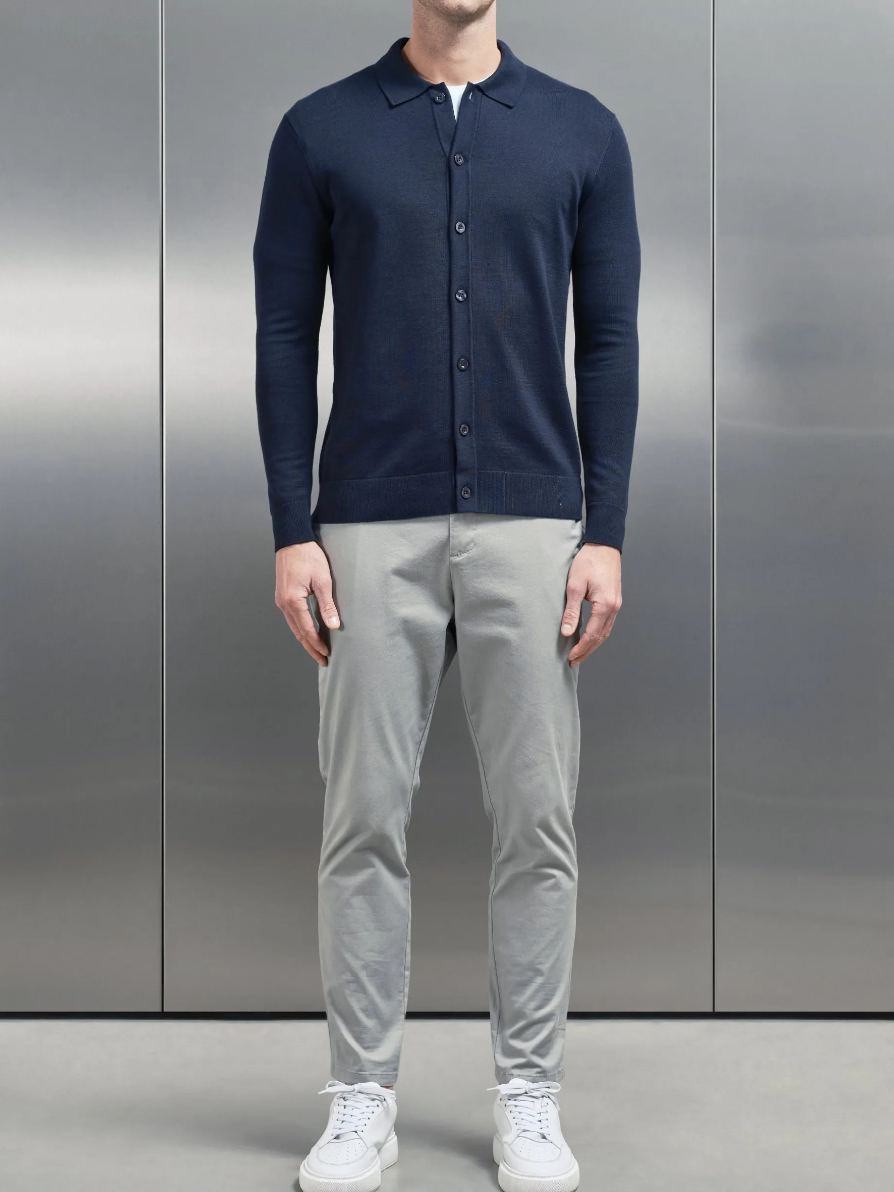 Cotton Knitted Button Through Shirt - Navy