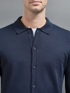 Cotton Knitted Button Through Shirt - Navy