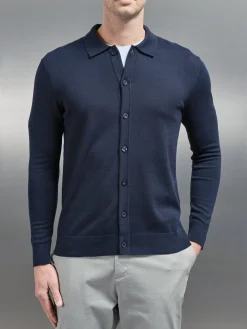 Cotton Knitted Button Through Shirt - Navy