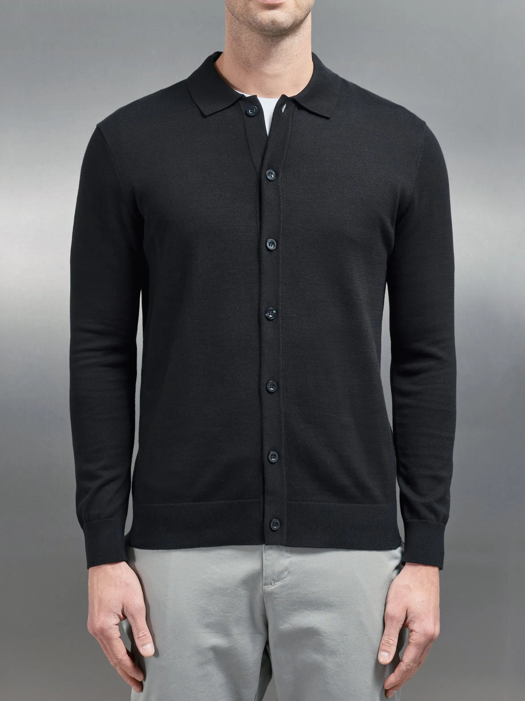 Cotton Knitted Button Through Shirt - Black