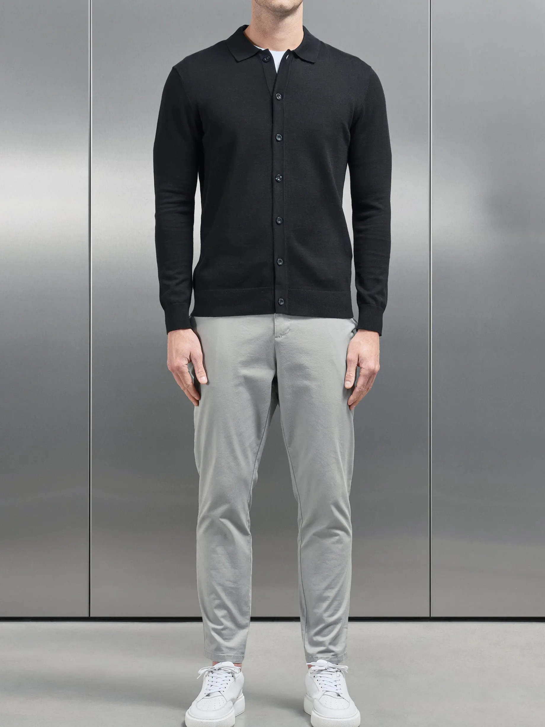 Cotton Knitted Button Through Shirt - Black