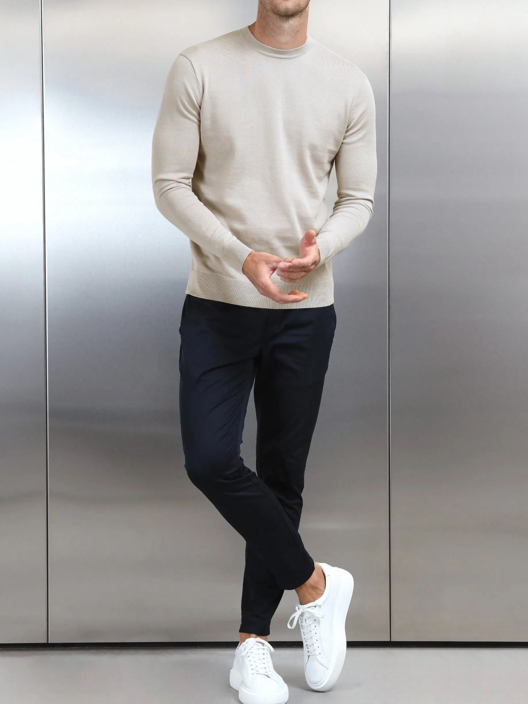 Cotton Knitted Crew Neck Sweatshirt - Stone
