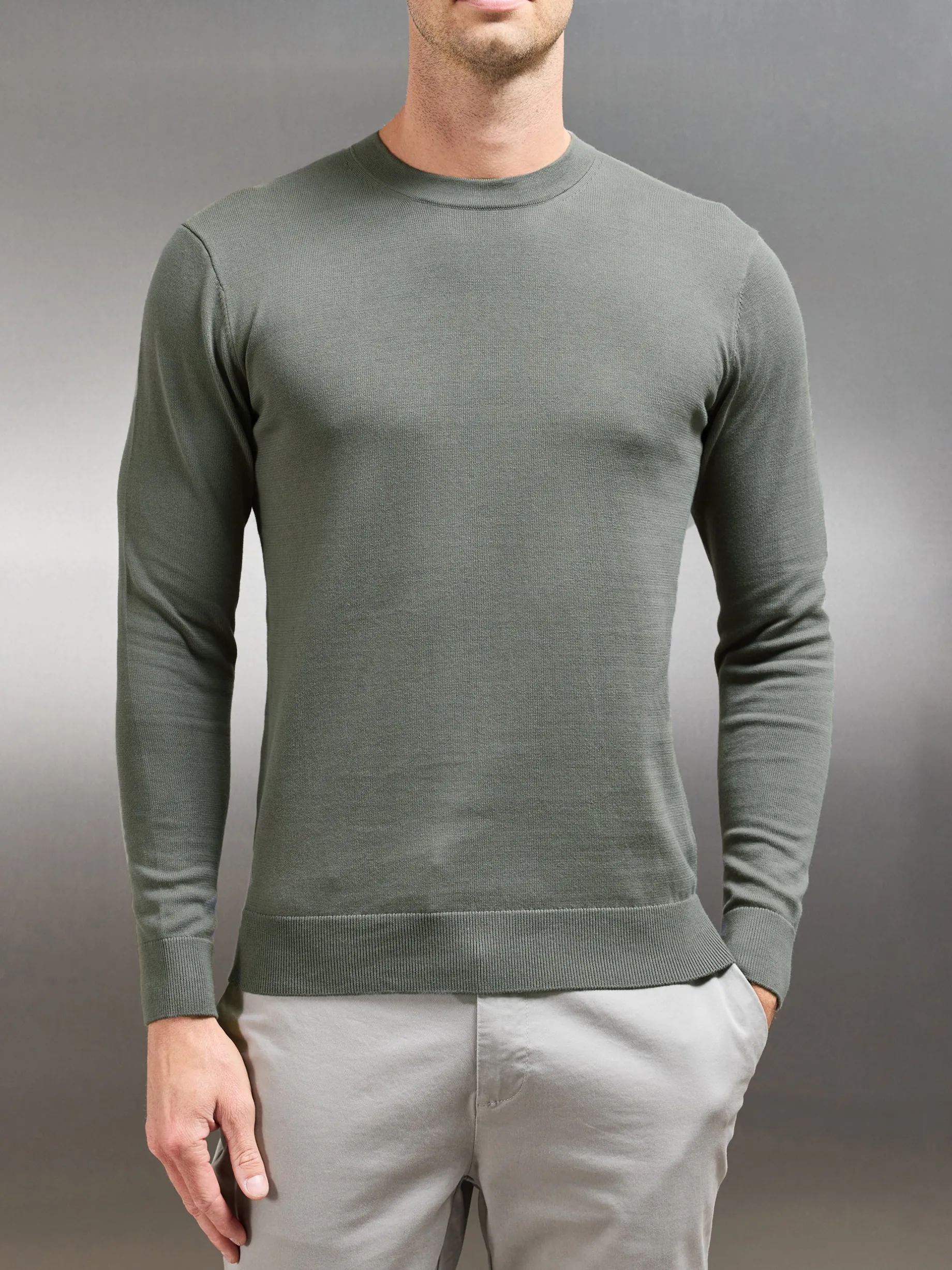 Cotton Knitted Crew Neck Sweatshirt - Sage