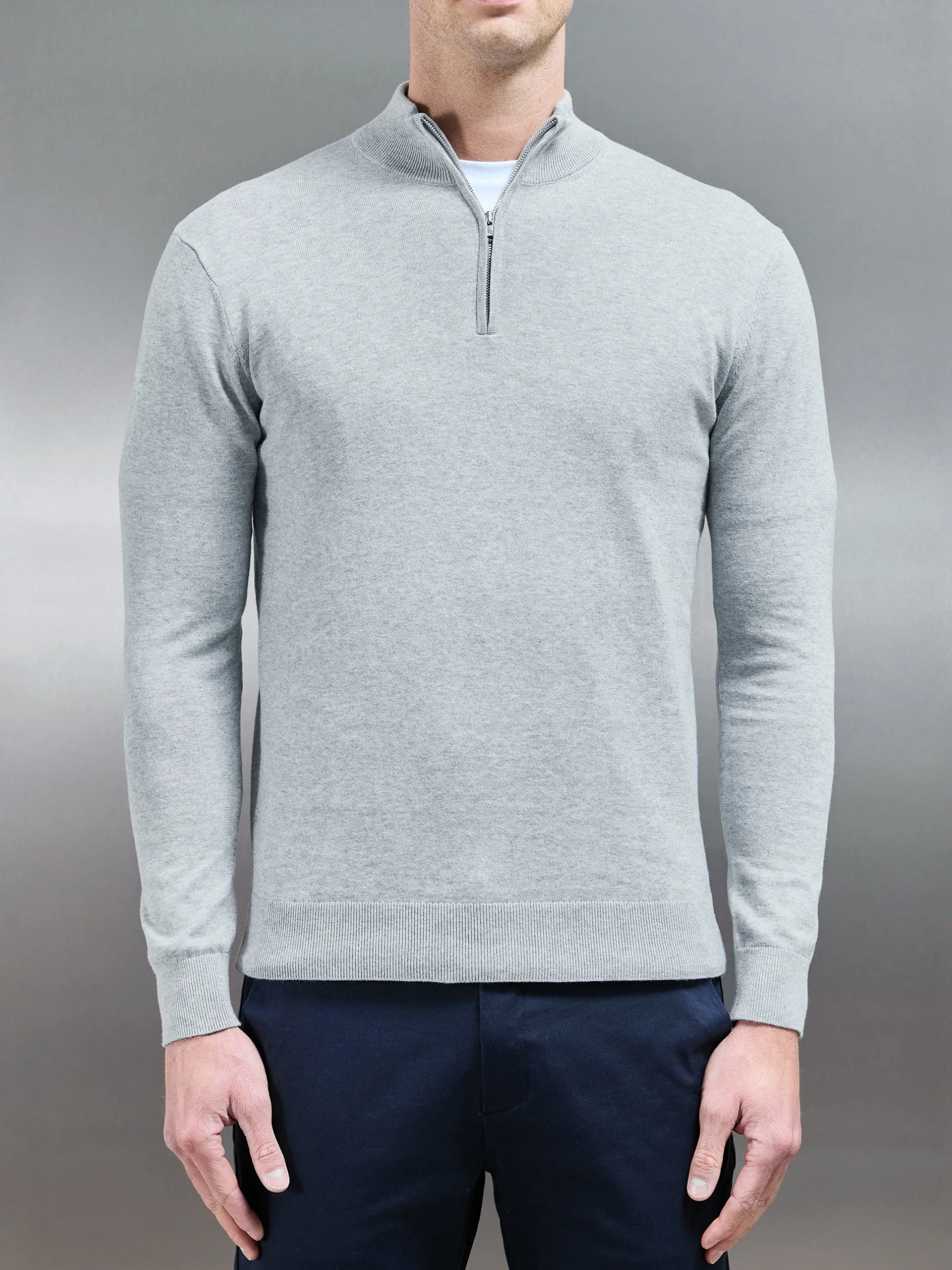 Cotton Knitted Half Zip Funnel Neck Jumper - Marl Grey