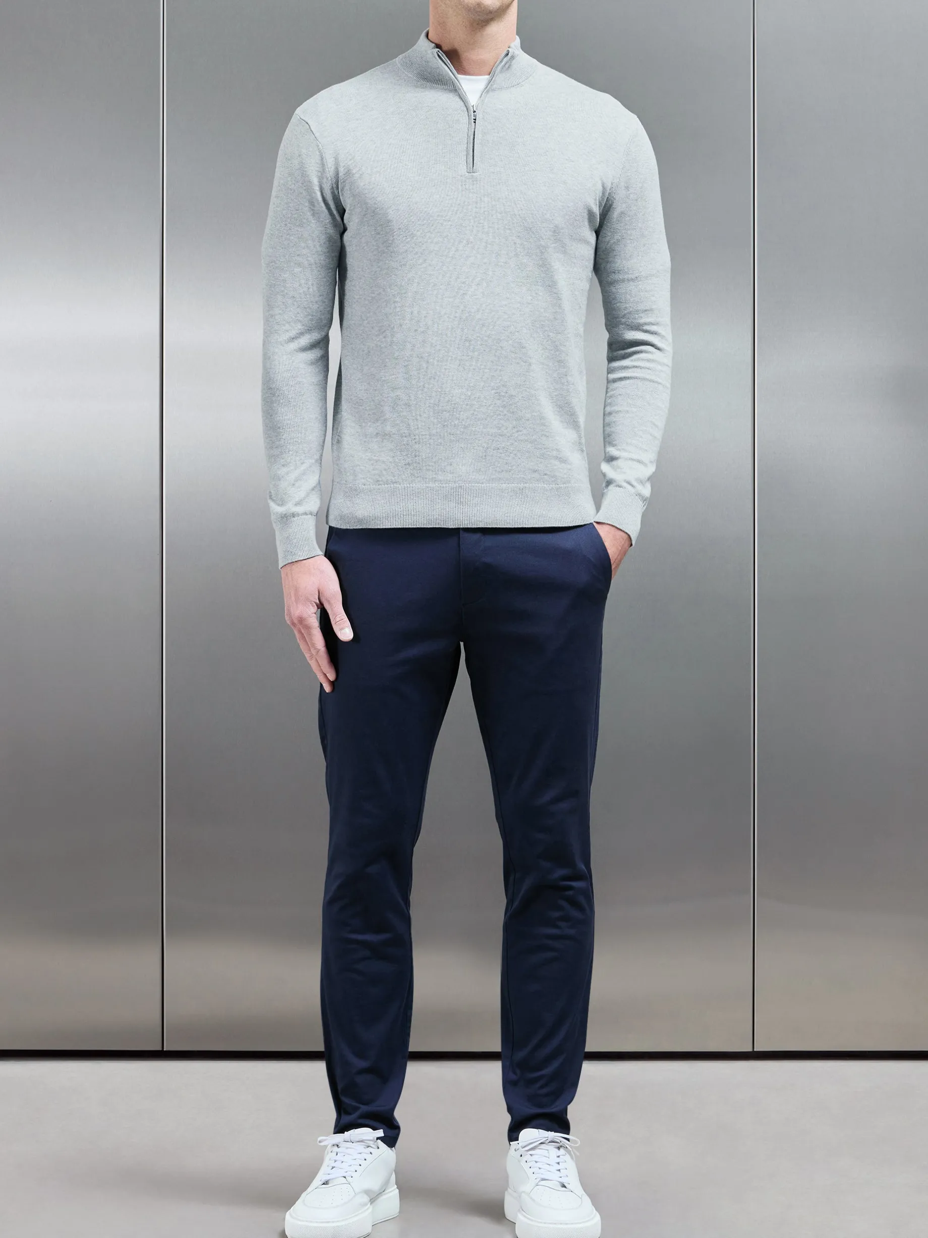 Cotton Knitted Half Zip Funnel Neck Jumper - Marl Grey