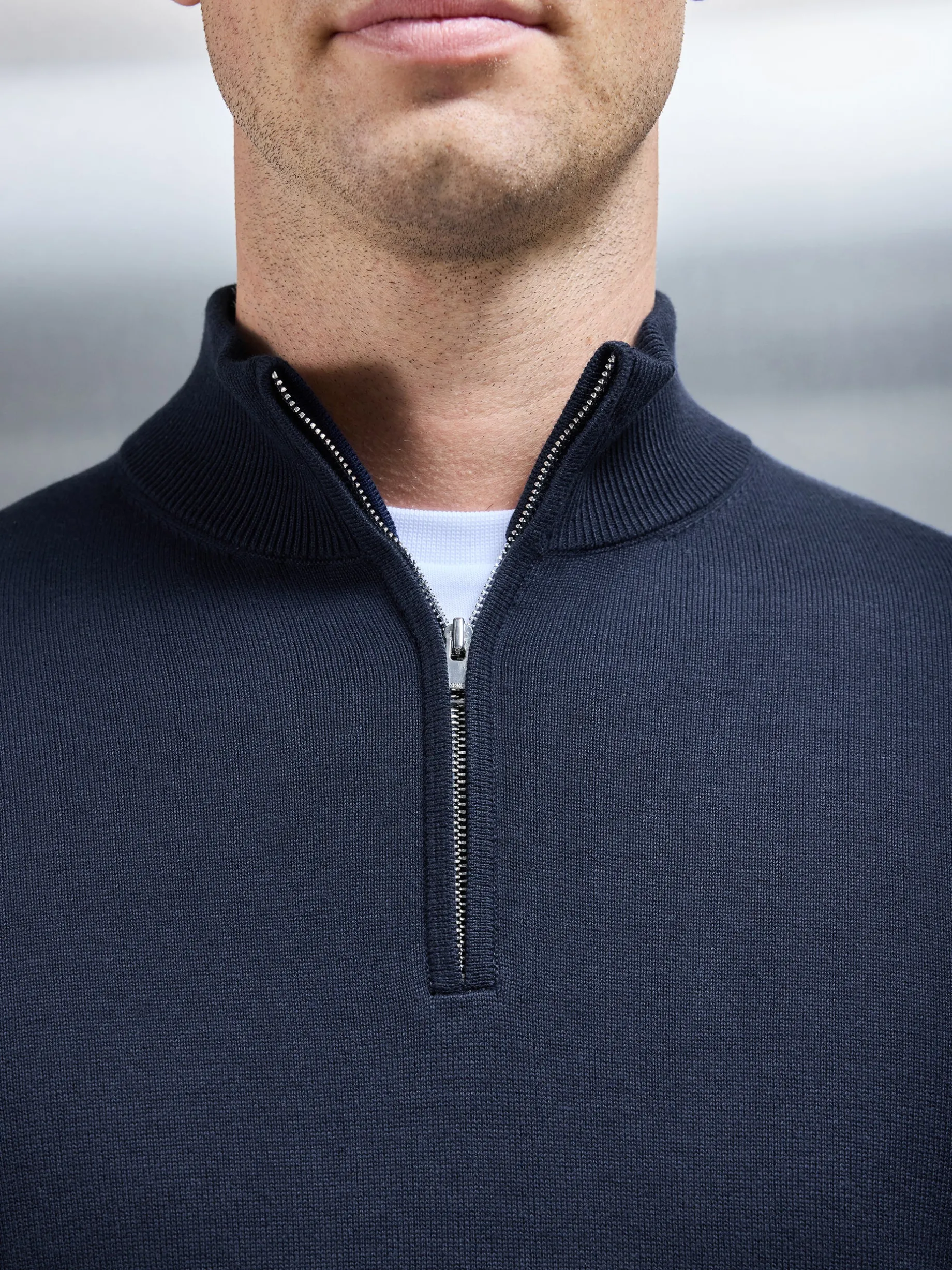 Cotton Knitted Half Zip Funnel Neck Jumper - Navy