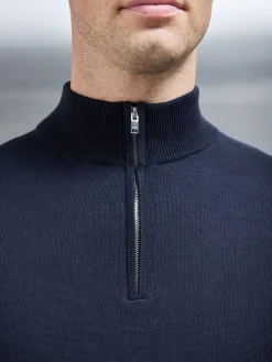 Cotton Knitted Half Zip Funnel Neck Jumper - Navy