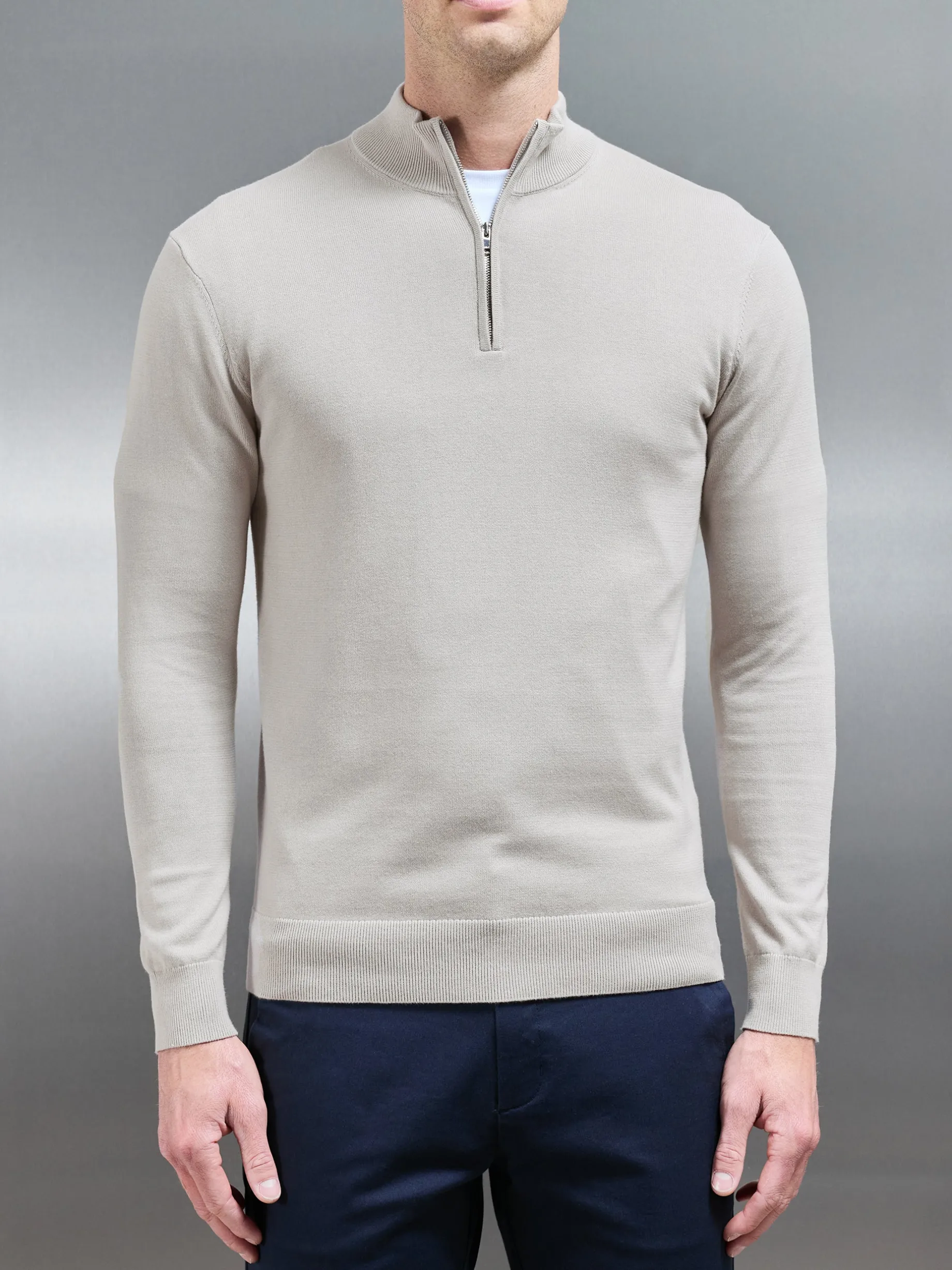 Cotton Knitted Half Zip Funnel Neck Jumper - Stone