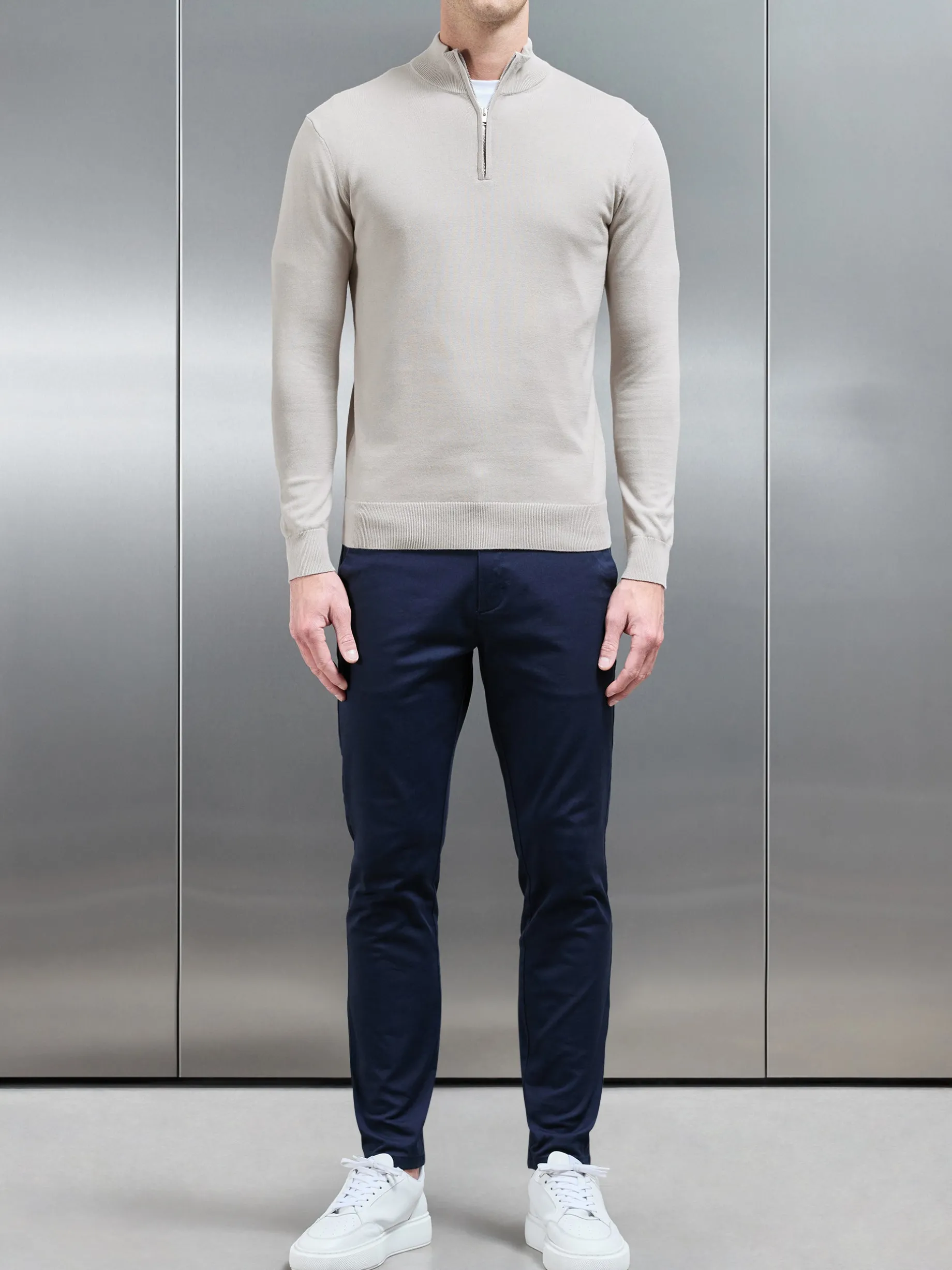 Cotton Knitted Half Zip Funnel Neck Jumper - Stone