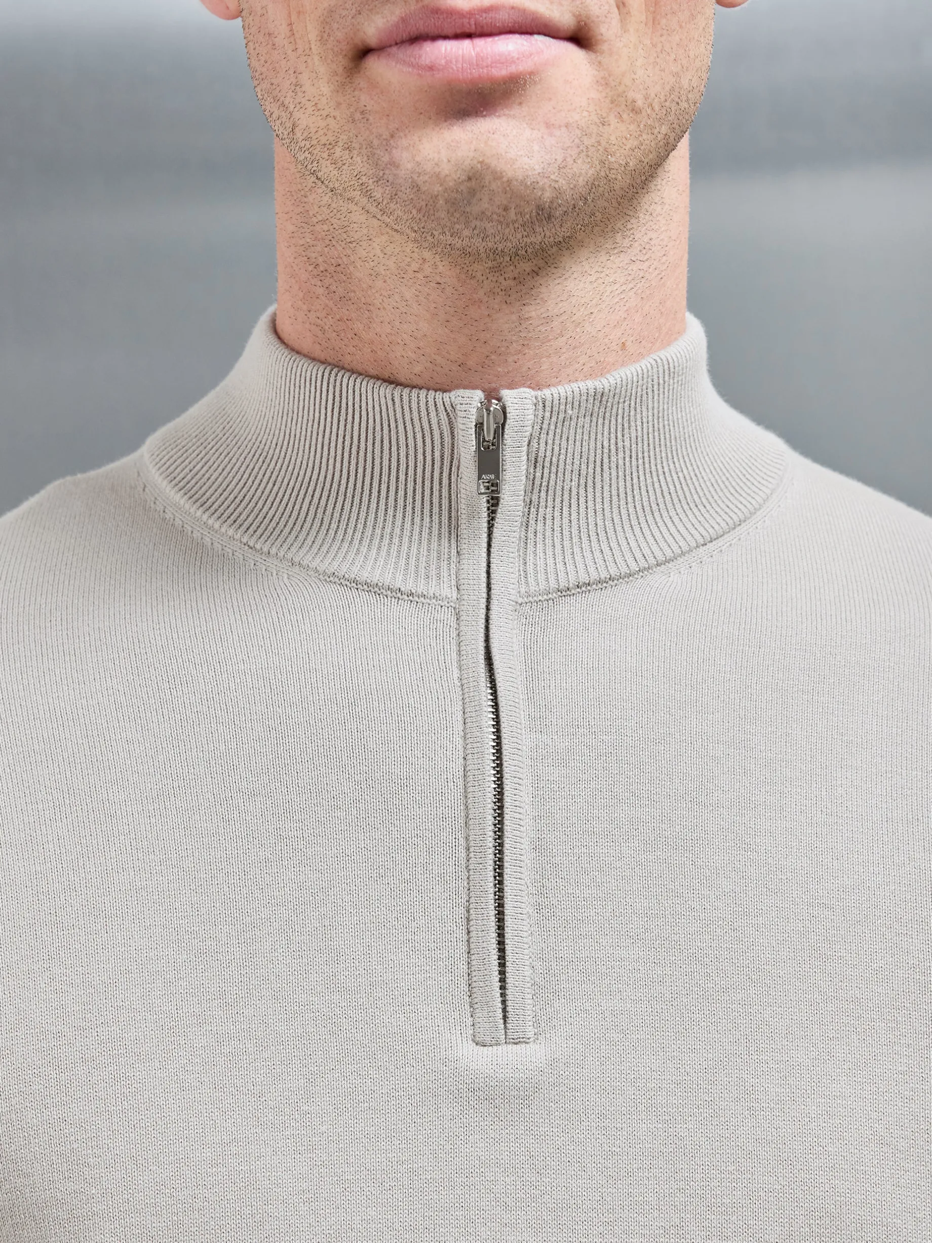 Cotton Knitted Half Zip Funnel Neck Jumper - Stone