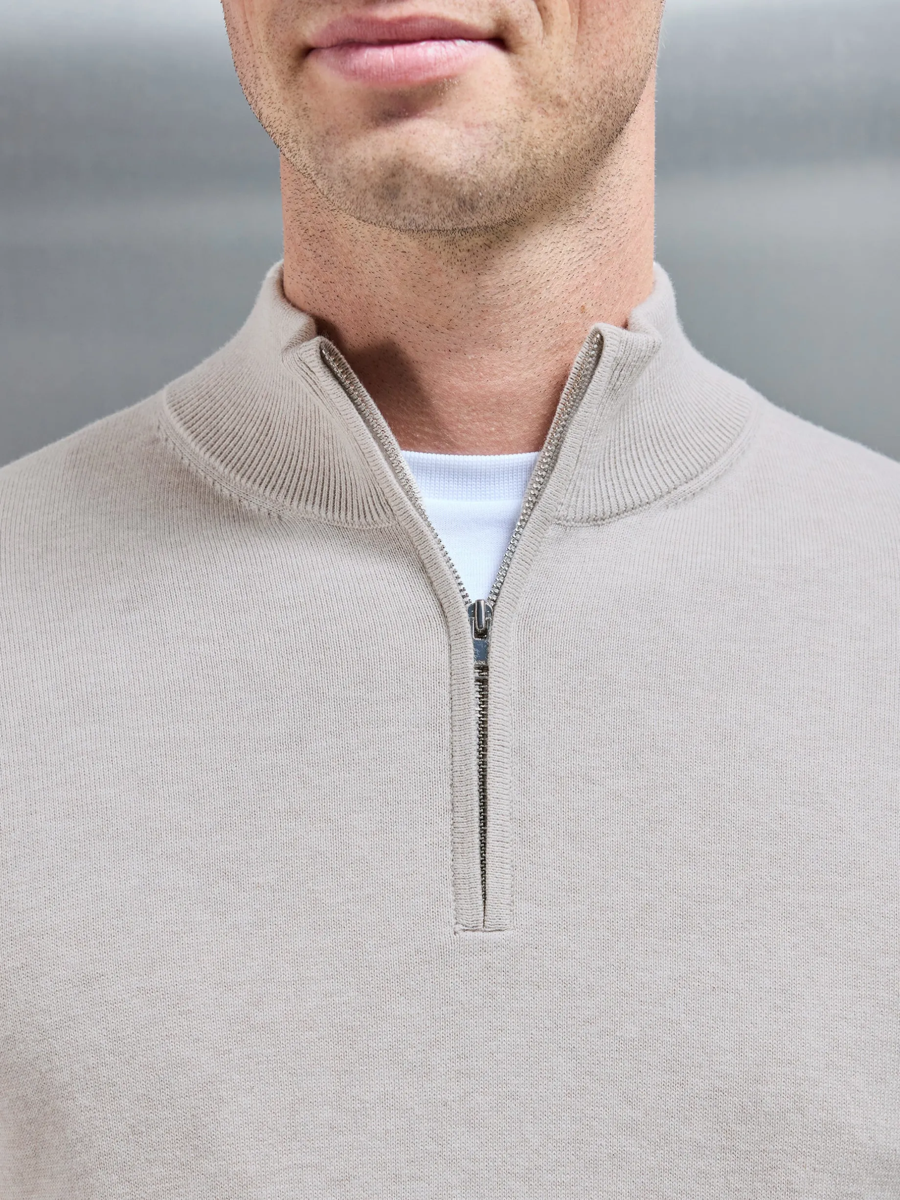 Cotton Knitted Half Zip Funnel Neck Jumper - Oatmeal