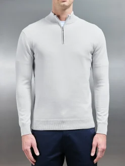 Cotton Knitted Half Zip Funnel Neck Jumper - Mid Grey