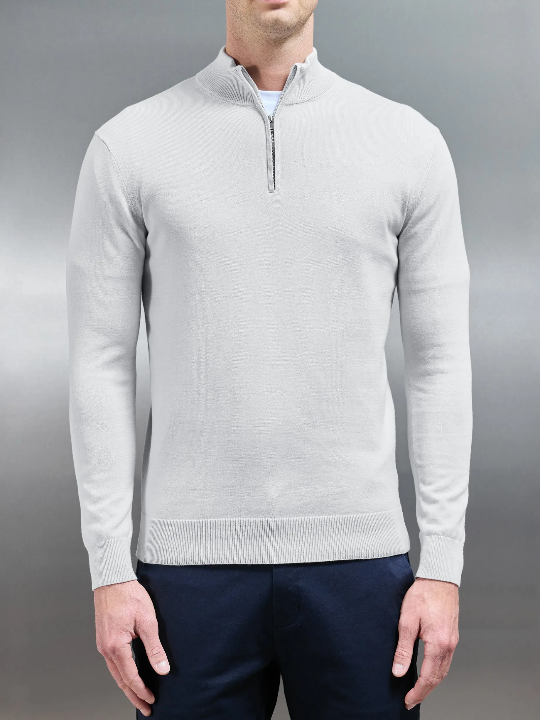 Cotton Knitted Half Zip Funnel Neck Jumper - Mid Grey