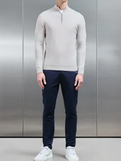 Cotton Knitted Half Zip Funnel Neck Jumper - Mid Grey