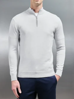 Cotton Knitted Half Zip Funnel Neck Jumper - Mid Grey