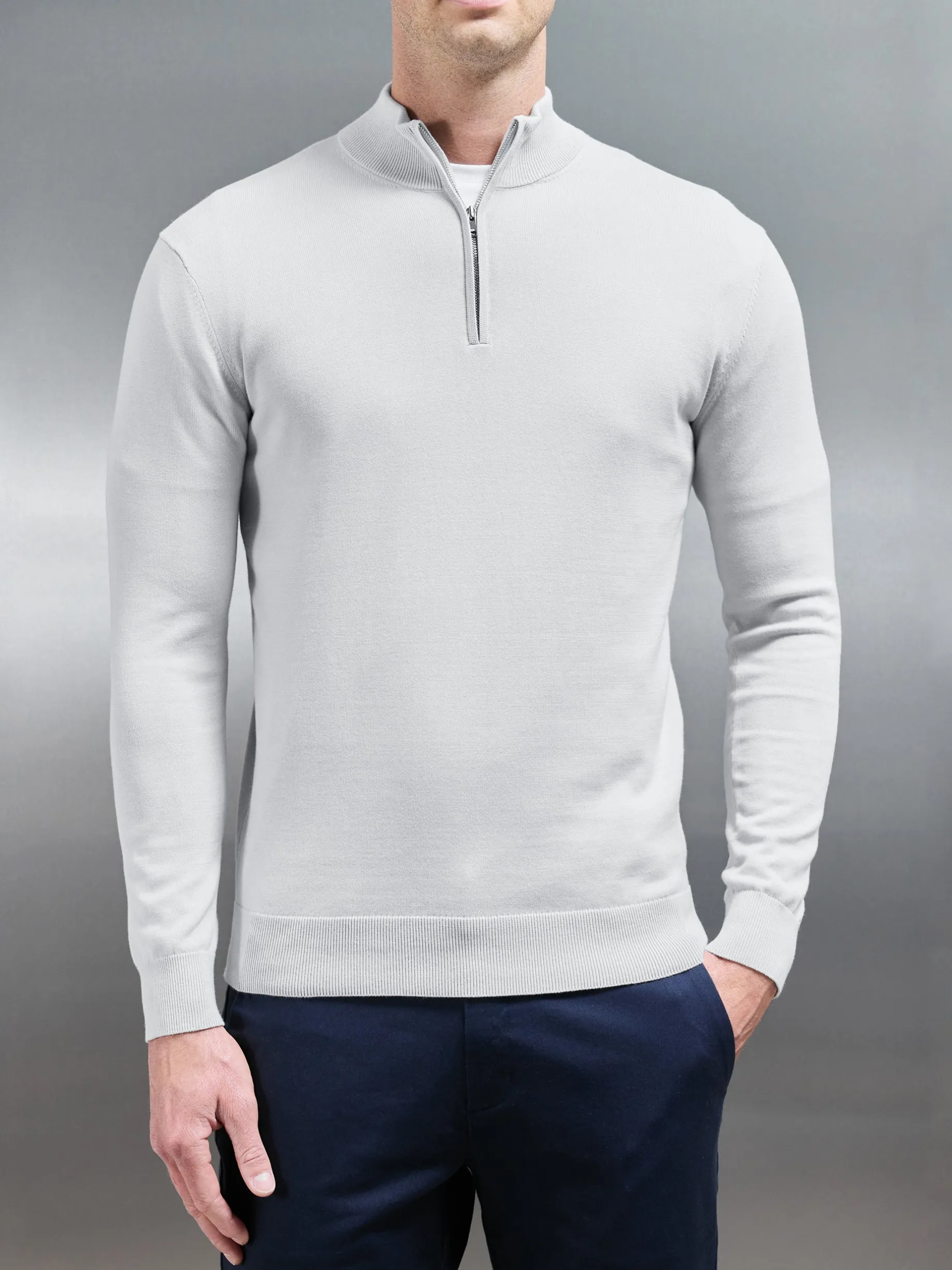 Cotton Knitted Half Zip Funnel Neck Jumper - Mid Grey