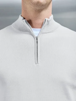 Cotton Knitted Half Zip Funnel Neck Jumper - Mid Grey