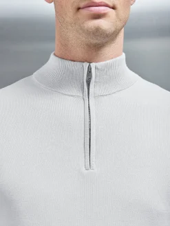 Cotton Knitted Half Zip Funnel Neck Jumper - Mid Grey