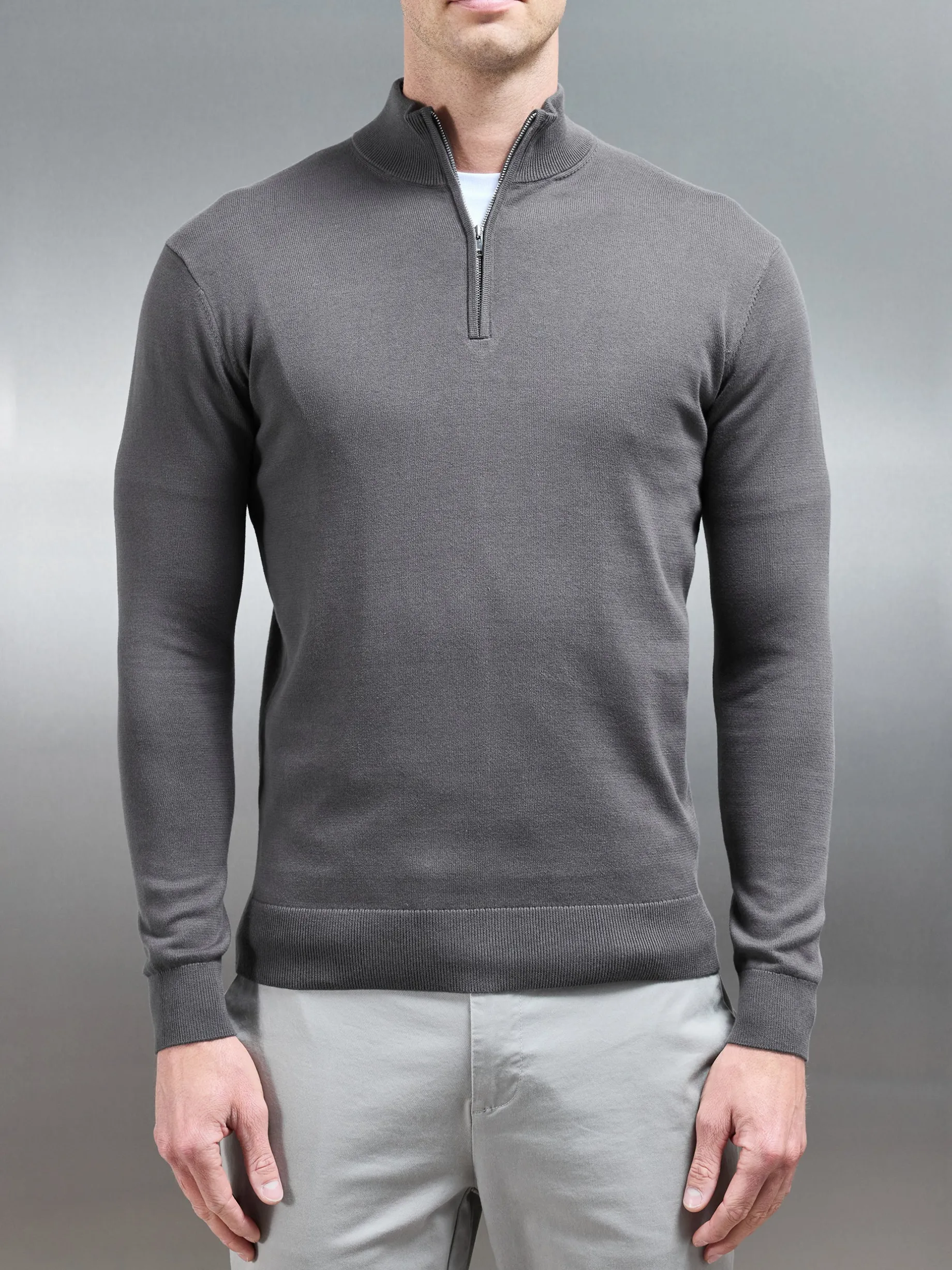 Cotton Knitted Half Zip Funnel Neck Jumper - Charcoal