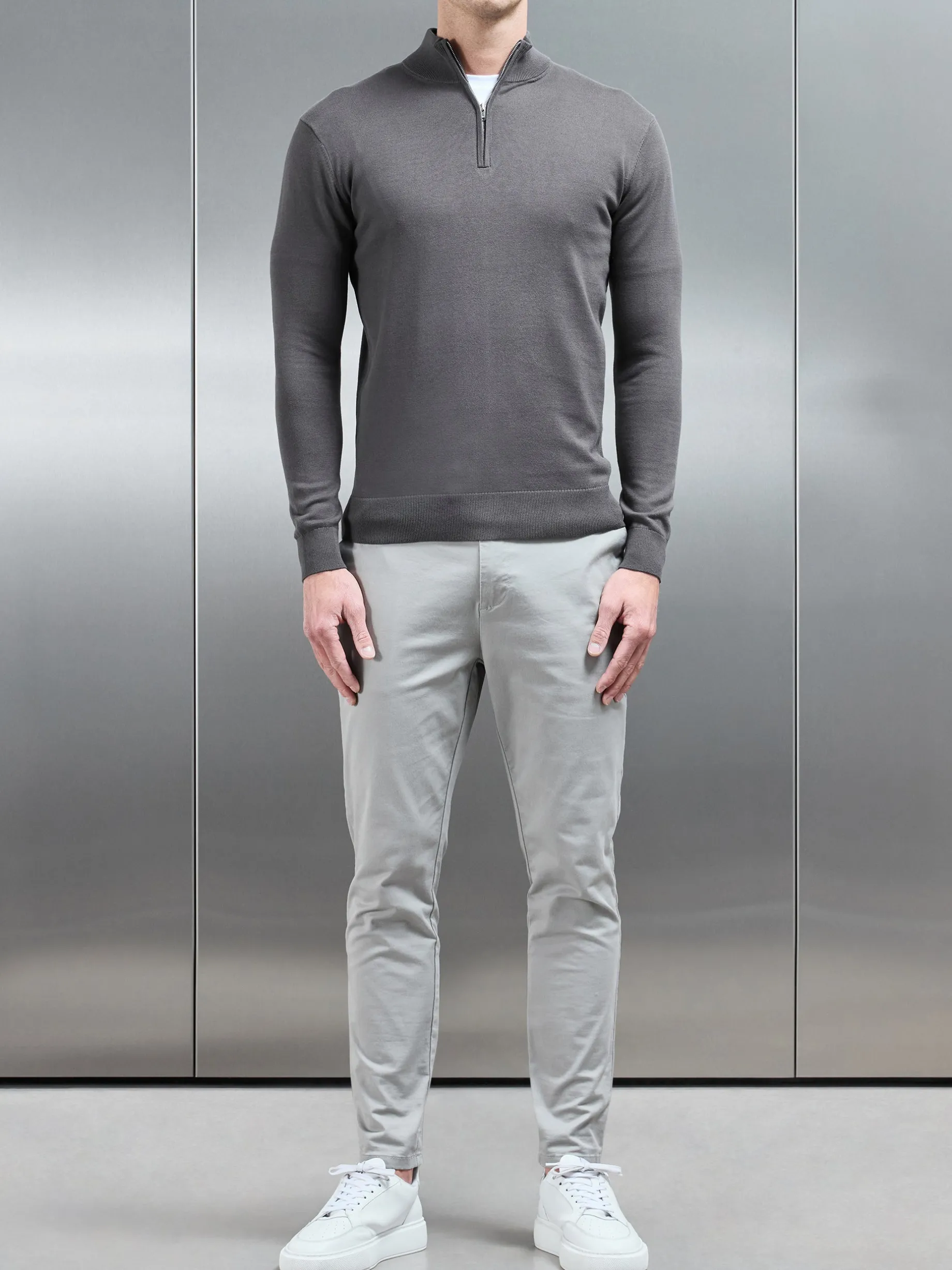 Cotton Knitted Half Zip Funnel Neck Jumper - Charcoal