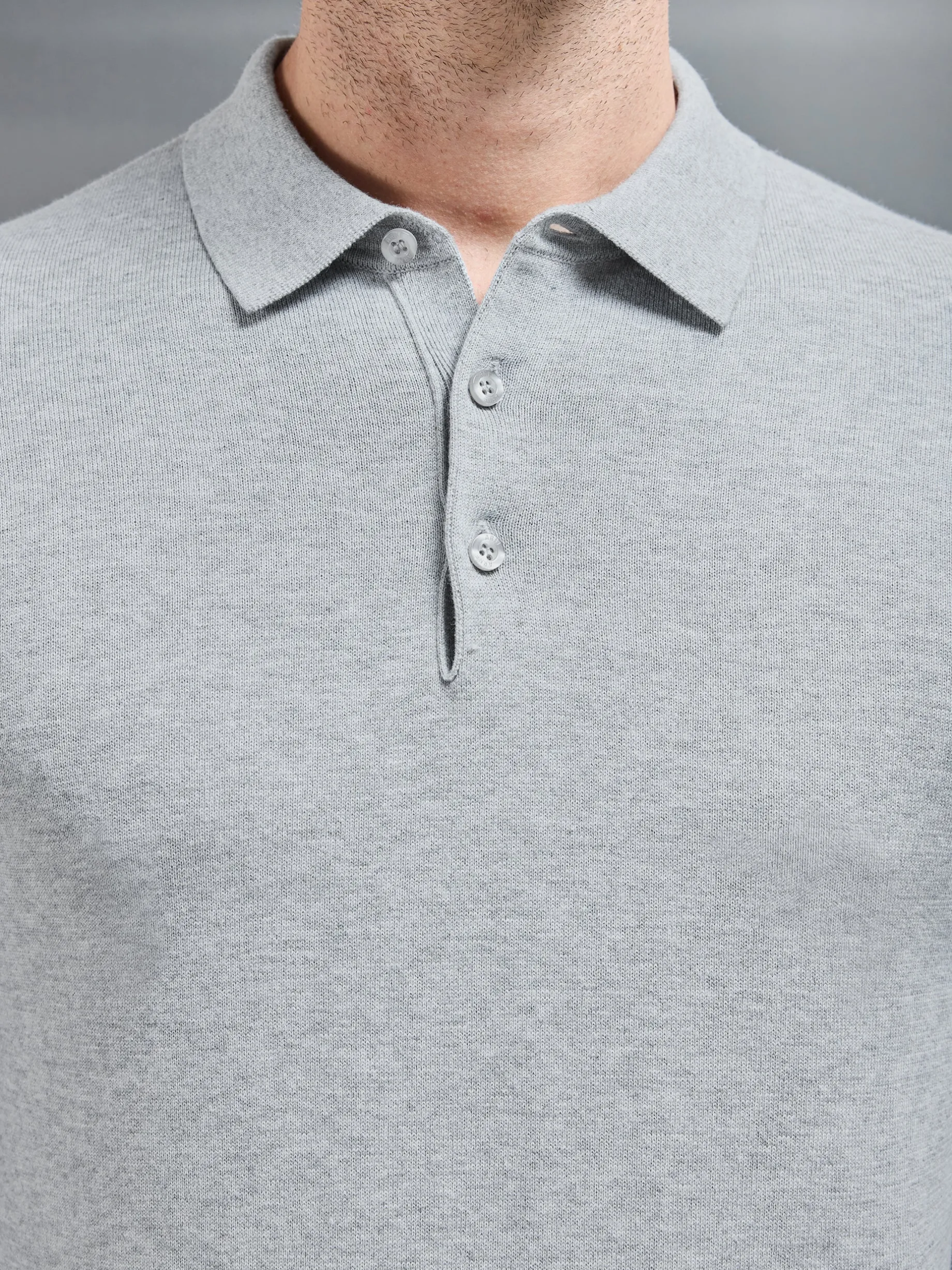 Cotton Knitted Long Sleeve Button Polo Shirt - Marl Grey