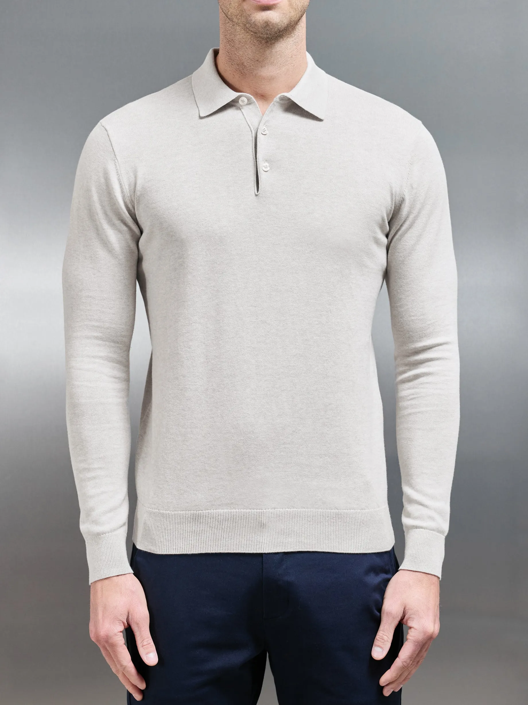Cotton Knitted Long Sleeve Button Polo Shirt - Oatmeal
