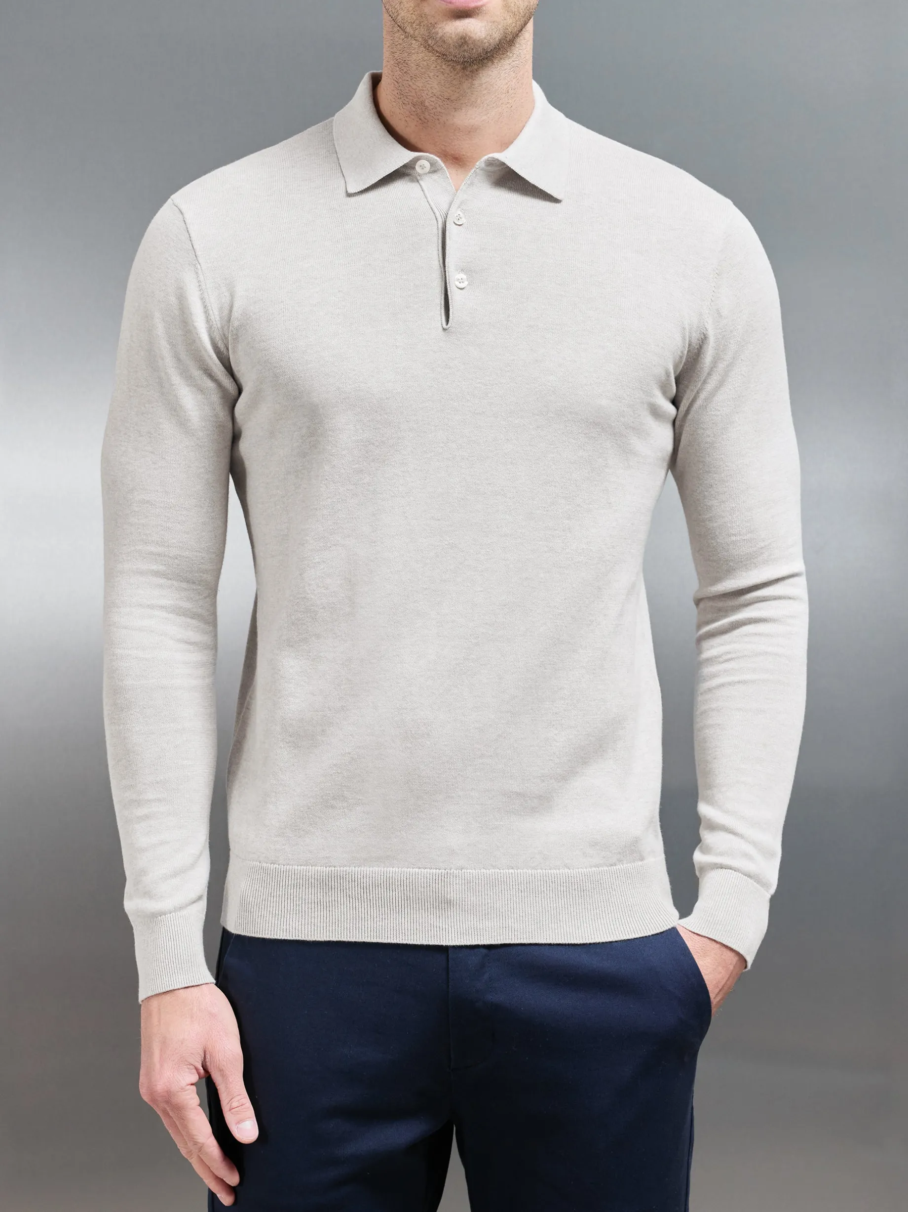 Cotton Knitted Long Sleeve Button Polo Shirt - Oatmeal