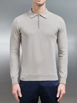 Cotton Knitted Long Sleeve Half Zip Polo Shirt - Stone