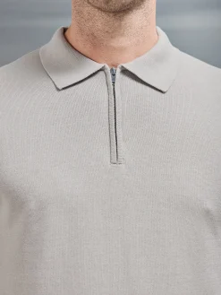 Cotton Knitted Long Sleeve Half Zip Polo Shirt - Stone